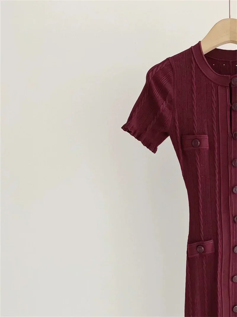 Women O-Neck White Knit Thread Mid-Length Dress Summer 2024 New Elegant Lady Ruffled Sleeve Single Breasted Slim Long Robe