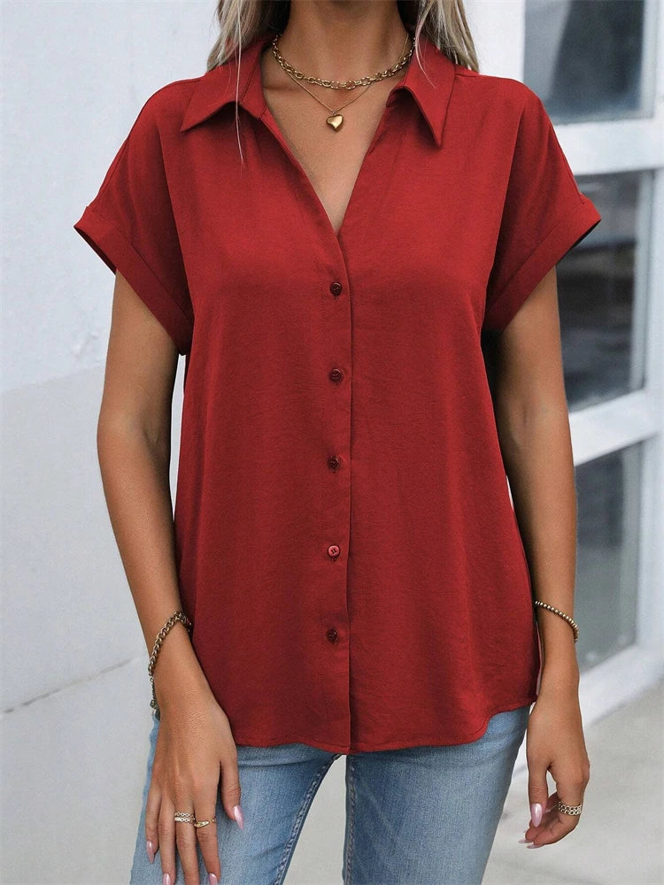 2025 Spring And Autumn New Solid Color Short-sleeved Shirt Fashion Loose Temperament Shirt Folding Blouse Ms. Home Rest Shirt