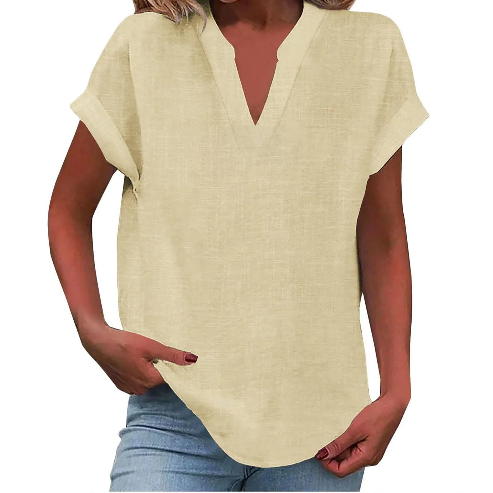 Summer Cotton Linen Breathable Solid Color Button Down V-neck Shirt Basic And Versatile Casual Comfortable Lady Office Tops 2025