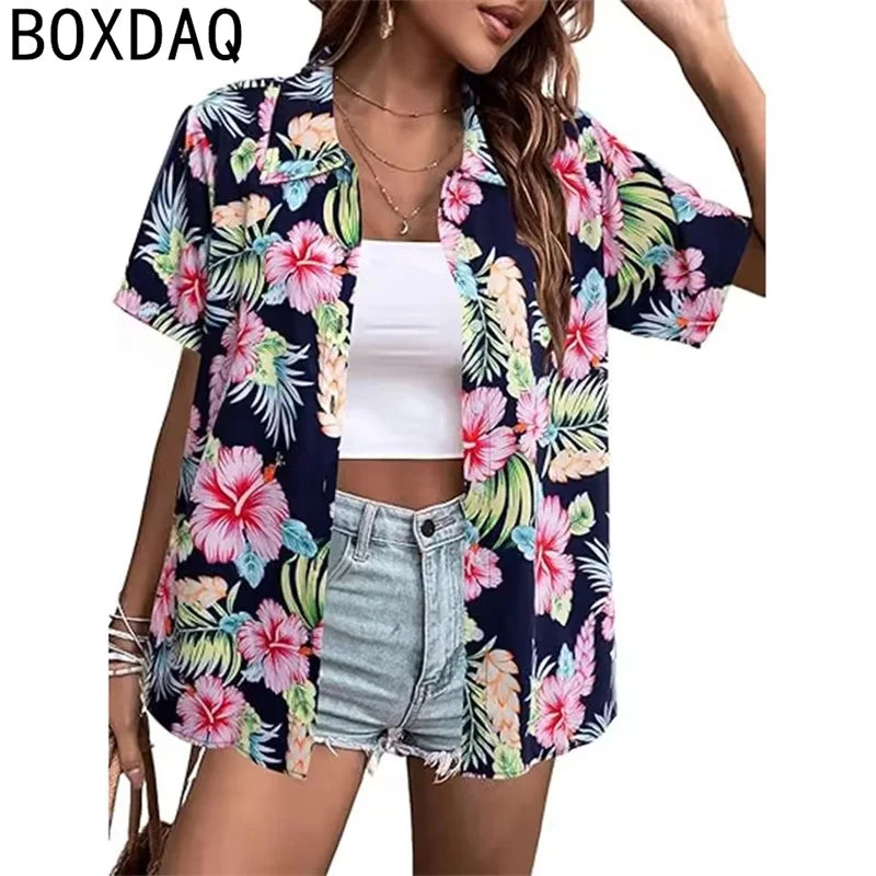 Tropical Coconut Tree Print Women's Hawaii Style Shirt Summer Lapel Short Sleeve Single Breasted Casual Personalized Shirt Tops