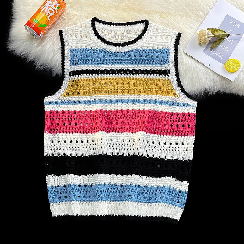 Contrast Striped Hollowed Out Knit Tank Top Men's Oversize Summer Japanese Outerwear Layered Bf Couple Knitwear Sleeveless Top