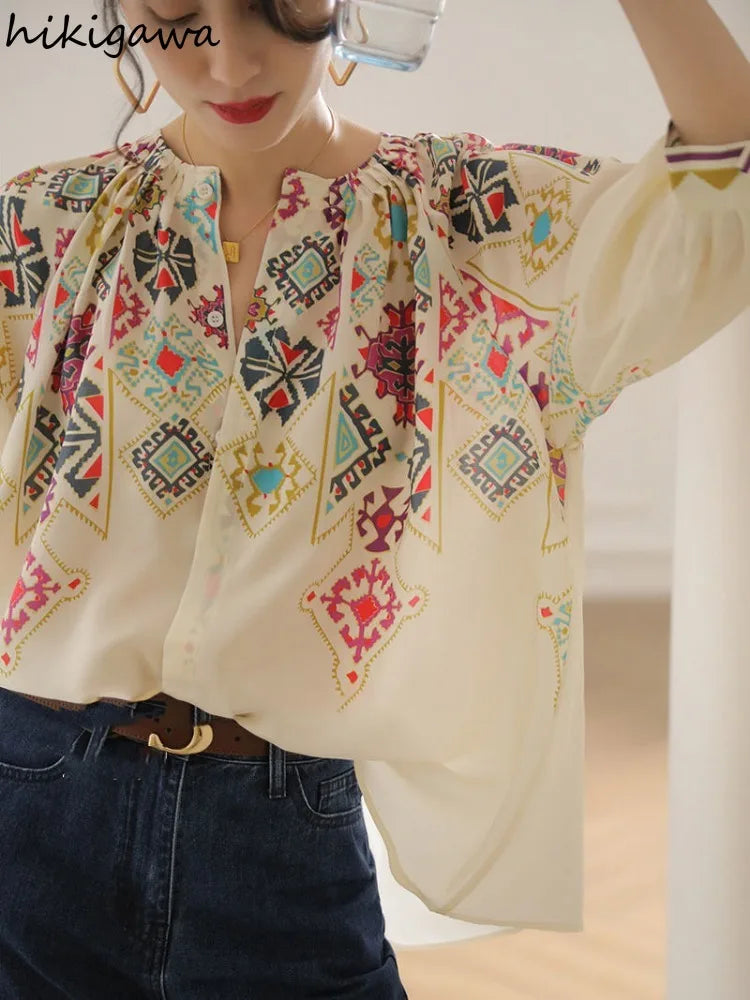Vintage Blouses Women Clothing Indie Folk 2025 Blusas Mujer De Moda V-neck Print Loose Shirts Chic Summer Korean Blouse Tops
