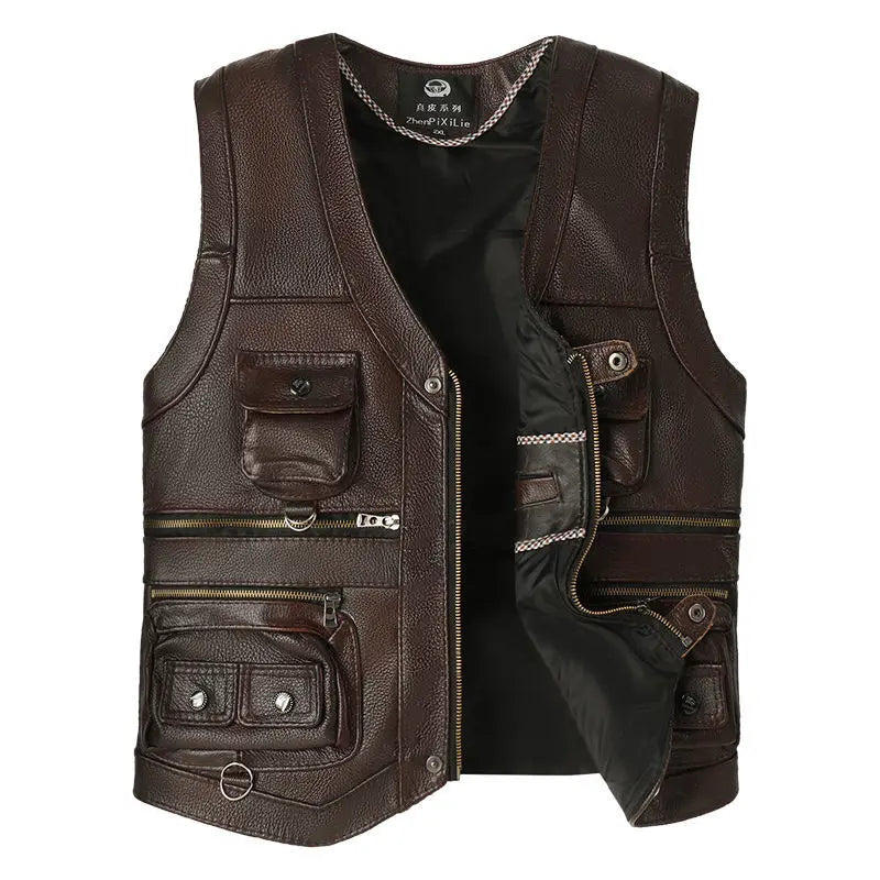 2024 Men Spring Autumn New Cowhide Genuine Leather Vest Mens Slim Fit Real Leather Waistcoat Male Multi Pocket Zipper Vest D372