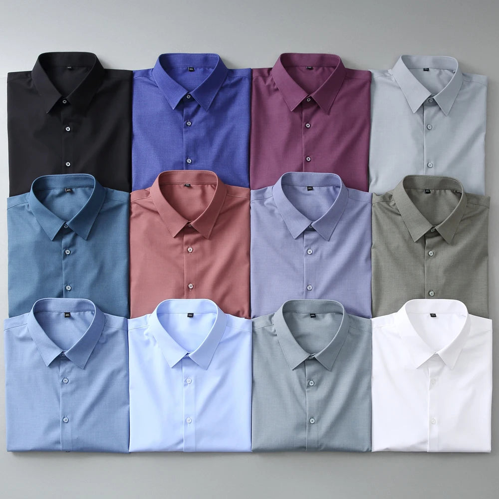 Men's Casual Stretchy Long Sleeve Solid Dress Shirt Without Pocket Formal Business Standard-fit Bamboo-fiber Work Office Shirts