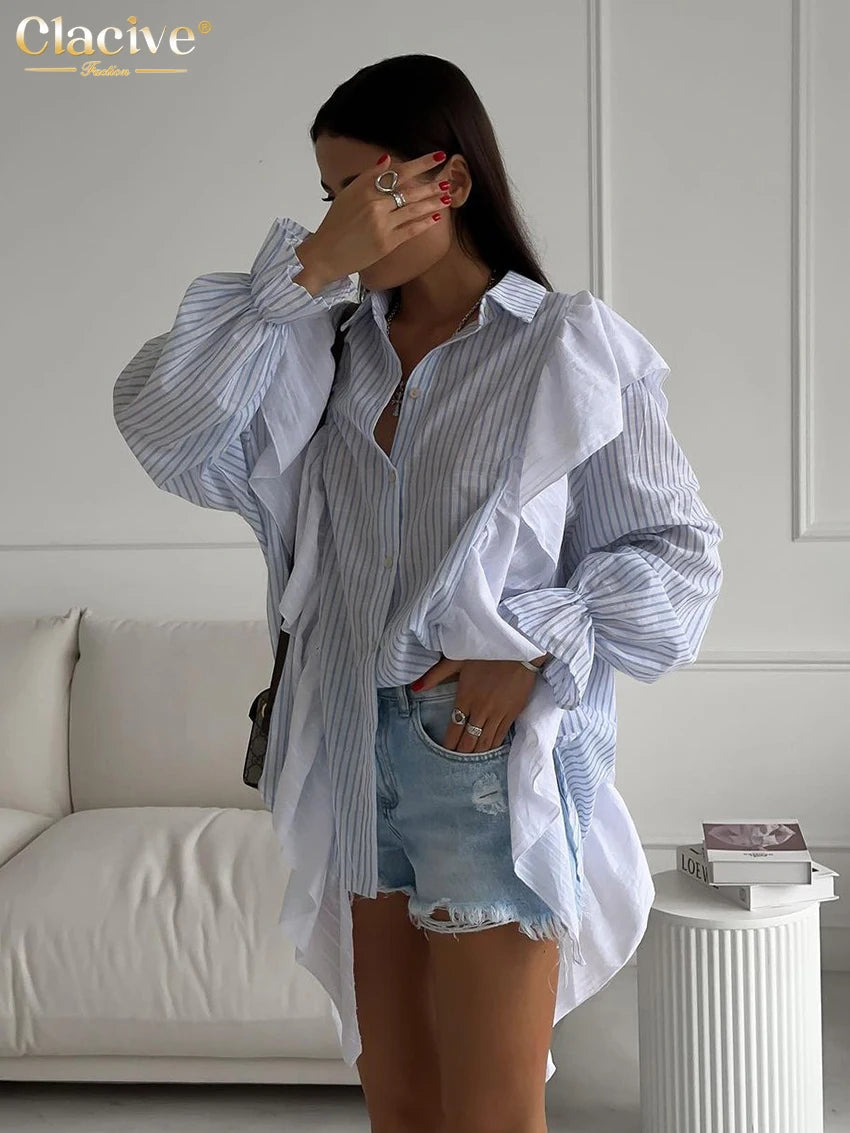Clacive Fashion Loose Stripe Print Women'S Shirts Casual Lapel Long Sleeve Blouse Elegant Classic Patchwork Top Femlae Clothing