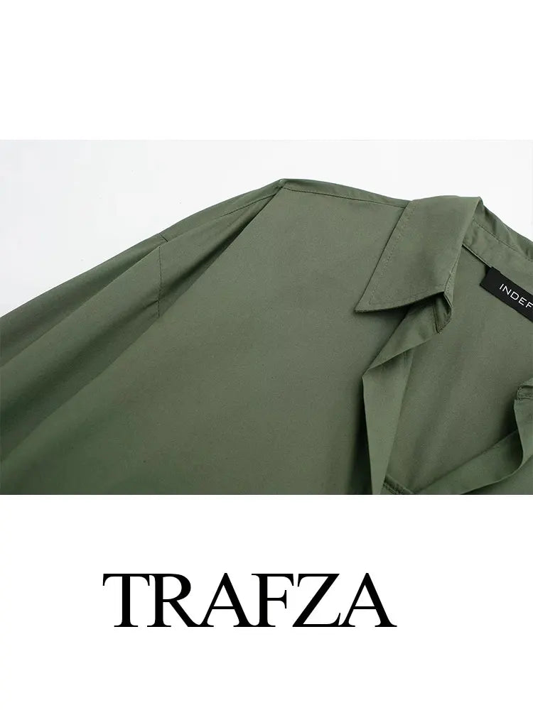 TRAFZA 2024 Spring New Women's Poplin Office Shirt Chic V Neck Single Breasted Elegant Women's Striped Casual Shirt Streetwear