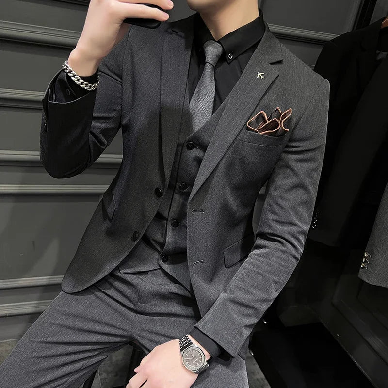 ( Blazer + Vest + Pants ) Boutique Fashion Solid Color Men's Slim Casual Business Suit Three-piece Set Groom Wedding Dress Party