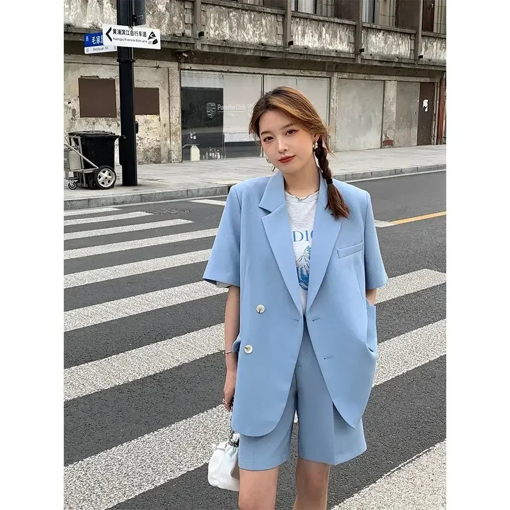 Korean Loose 2 Piece Women Short Set with Blazer Summer 2025 Thin Short-sleeved Blazers + Shorts Casual Office Ladies Suits