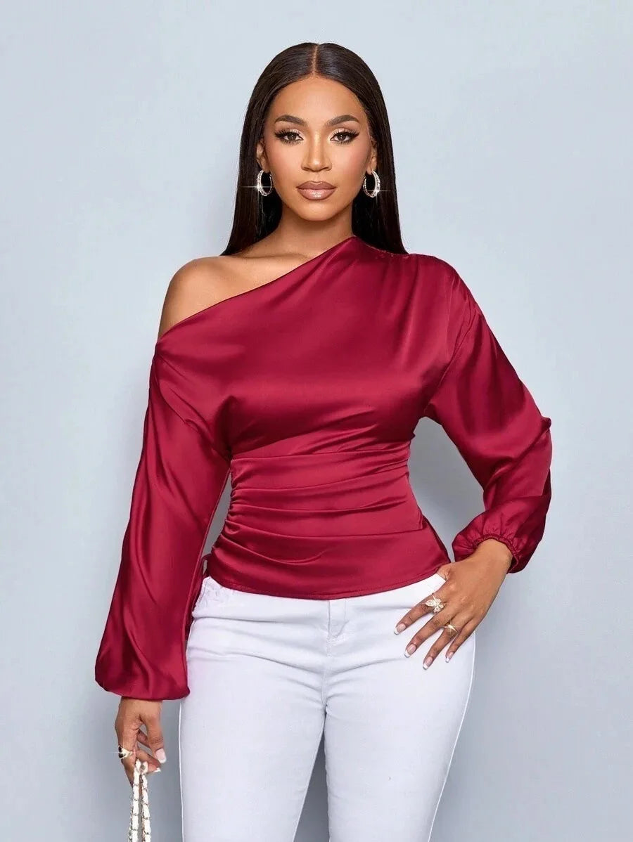 Autumn Winter Temperament Slant Shoulder Long Sleeve Sexy Open Shoulder Loose Slant Collar Design Blouse