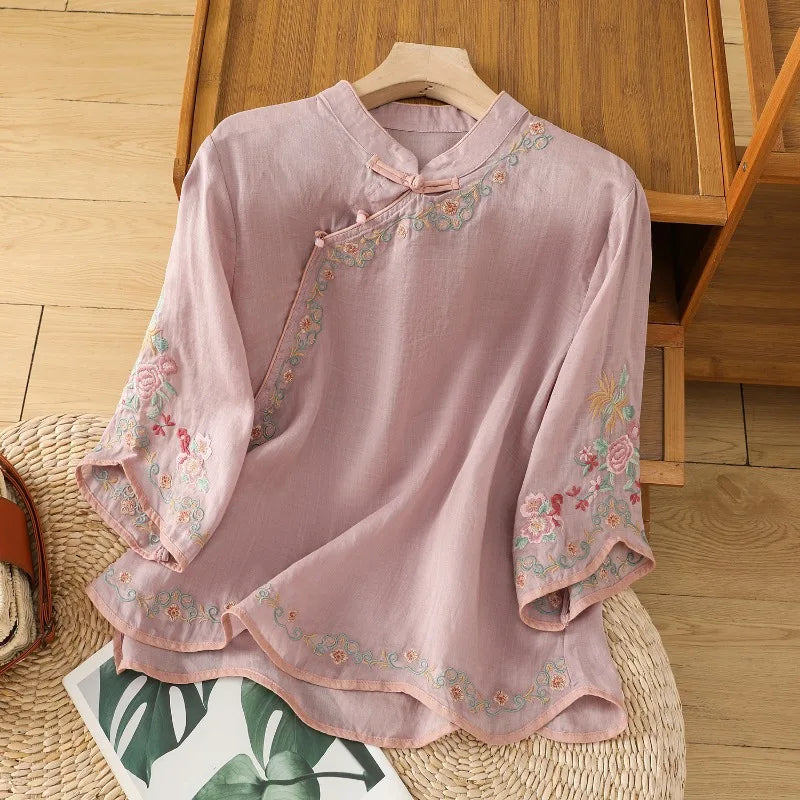 Chinese Style Women's Shirt Summer Embroidery Vintage Blouses Loose Short Sleeve Women Tops Cotton Linen Clothing 2024 Korean