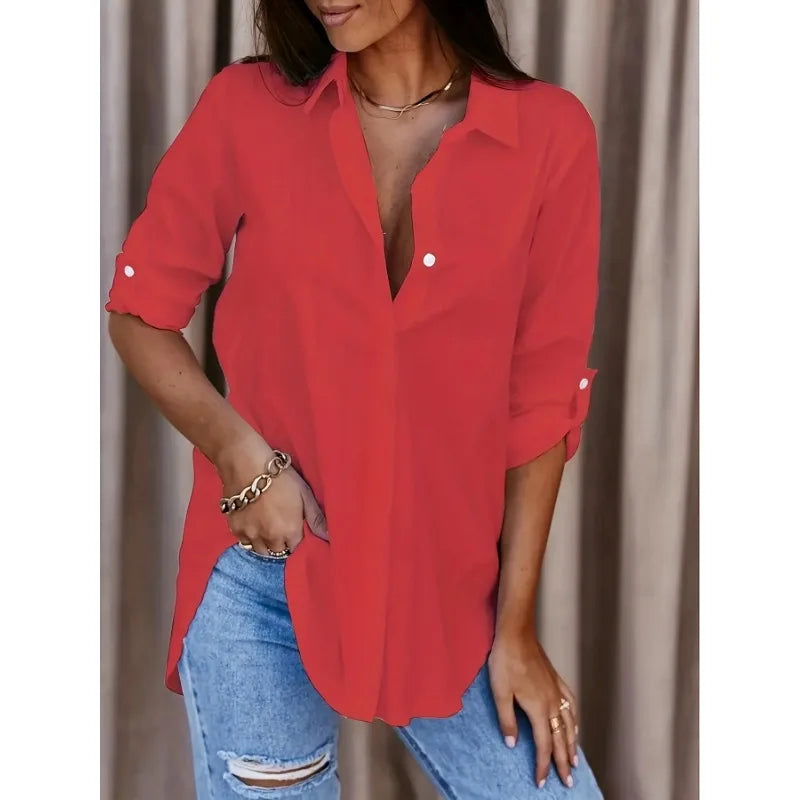 Women's  Plus Size Formal Shirt Plain Long Sleeve Turn DownCollar Button Up Workwear Shirt
