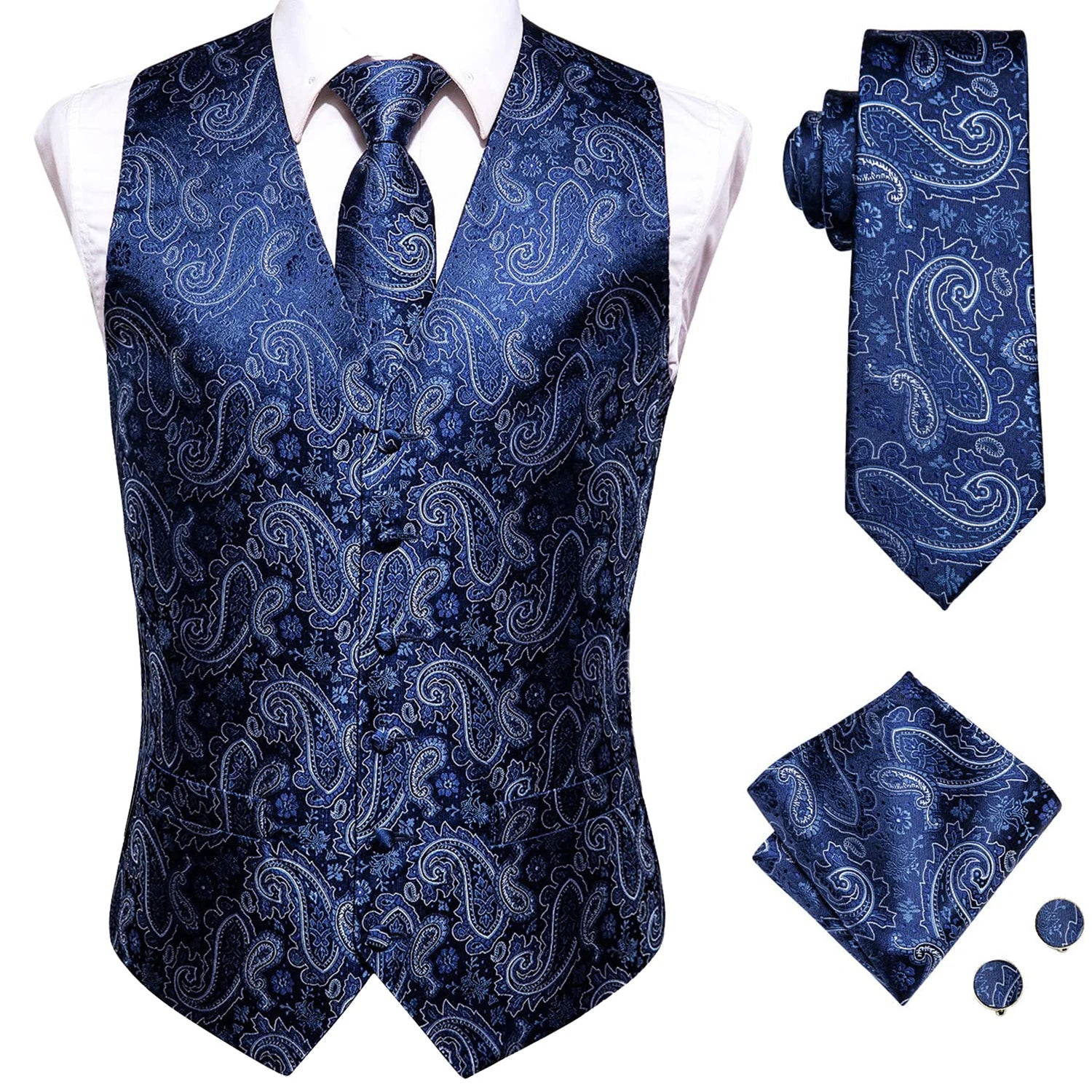 Hi-Tie Navy Blue Mens Vest Formal Silk Paisley Waistcoat Jacket Tie Handkerchief Cufflinks Set For Male Dress Suit Wedding Party
