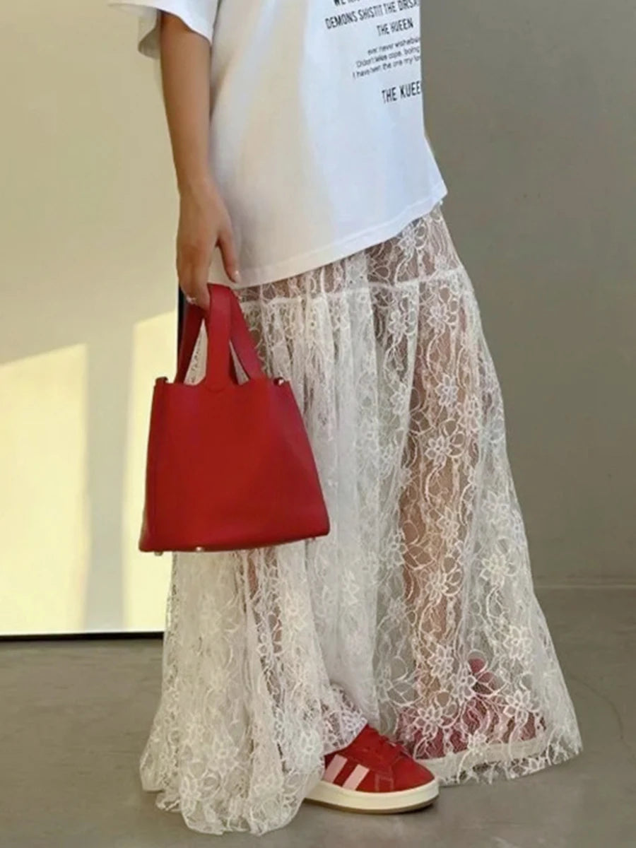 Lace Jacquard Transperant Skirt Women Summer New High Waist Sexy Casual Long Skirts 2025 Streetwear Fashion White Maxi Skirt