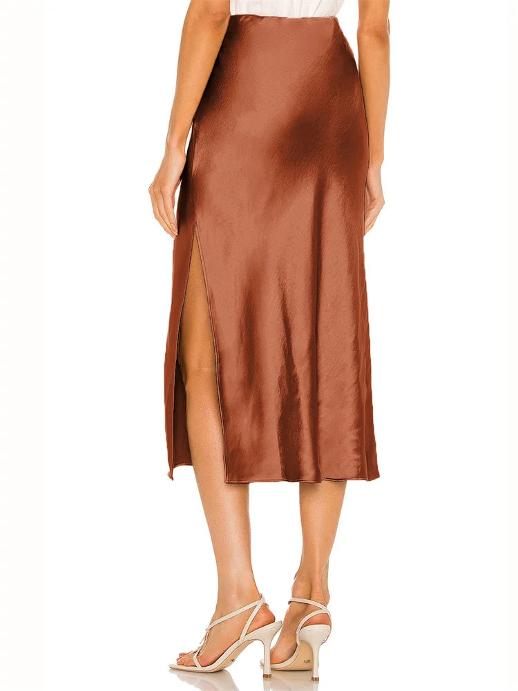 Tossy Summer High Waist Satin Midi Skirt For Women Side Split Slim Patchwork Casual Streetwear Elegant Female Fashion Midi Skirt