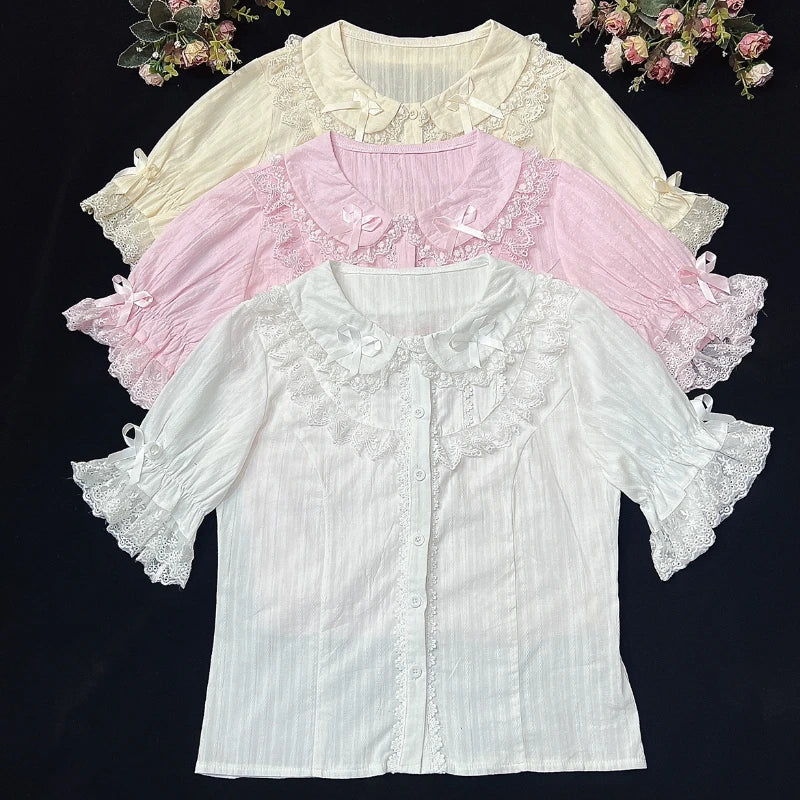 Sweet Lolita Woman Blouses 2022 Loose White Shirt Lace Bow Short Sleeve Tops Women's Korean Clothing Summer Chic Female Blouse