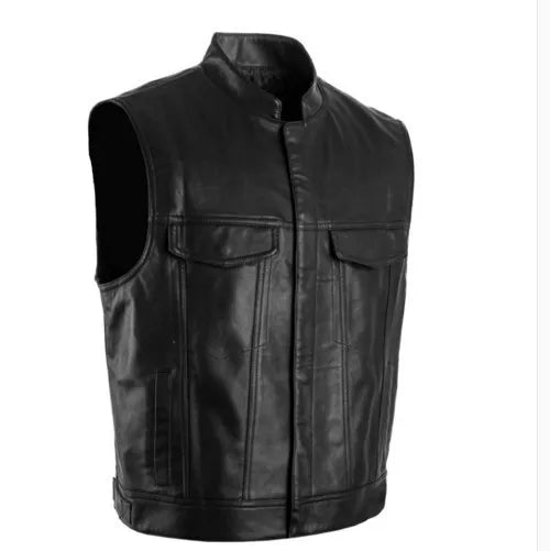 Solid Color Mens Faux Leather Vest Motorcycle Standing Collar Leather Vest Team Punk Shoulder Vest for Men