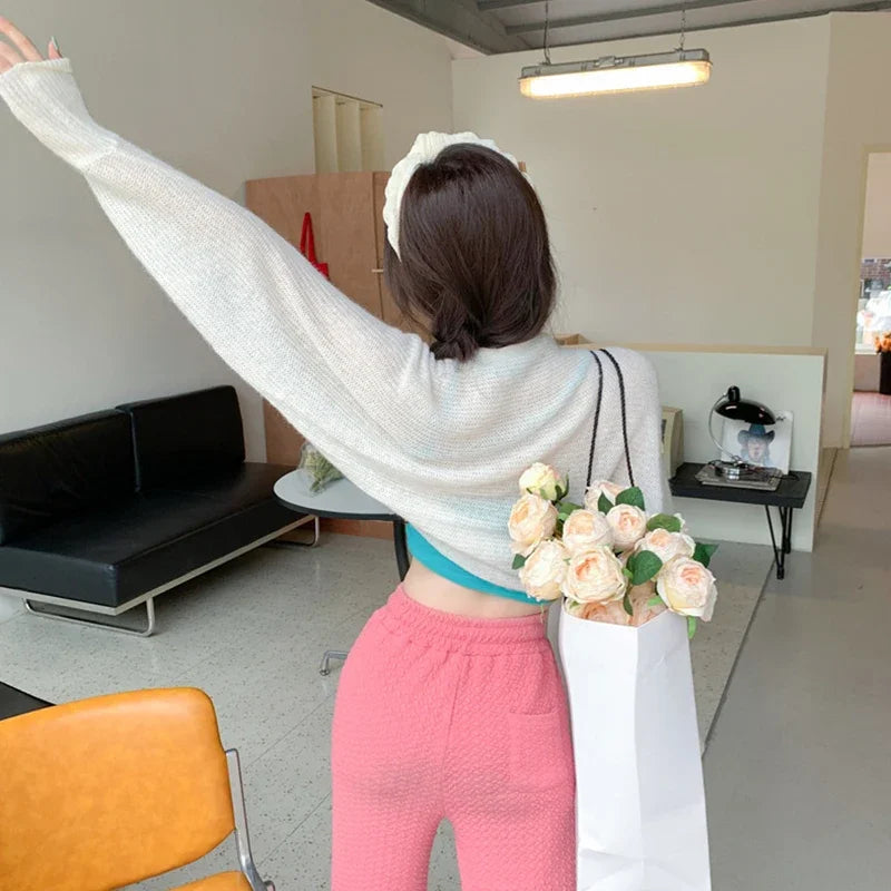 Combhasaki Women's Summer Open Front Bolero Shrug Long Sleeve Solid Color Sun Protection Transparent Knitted Cropped Cardigans