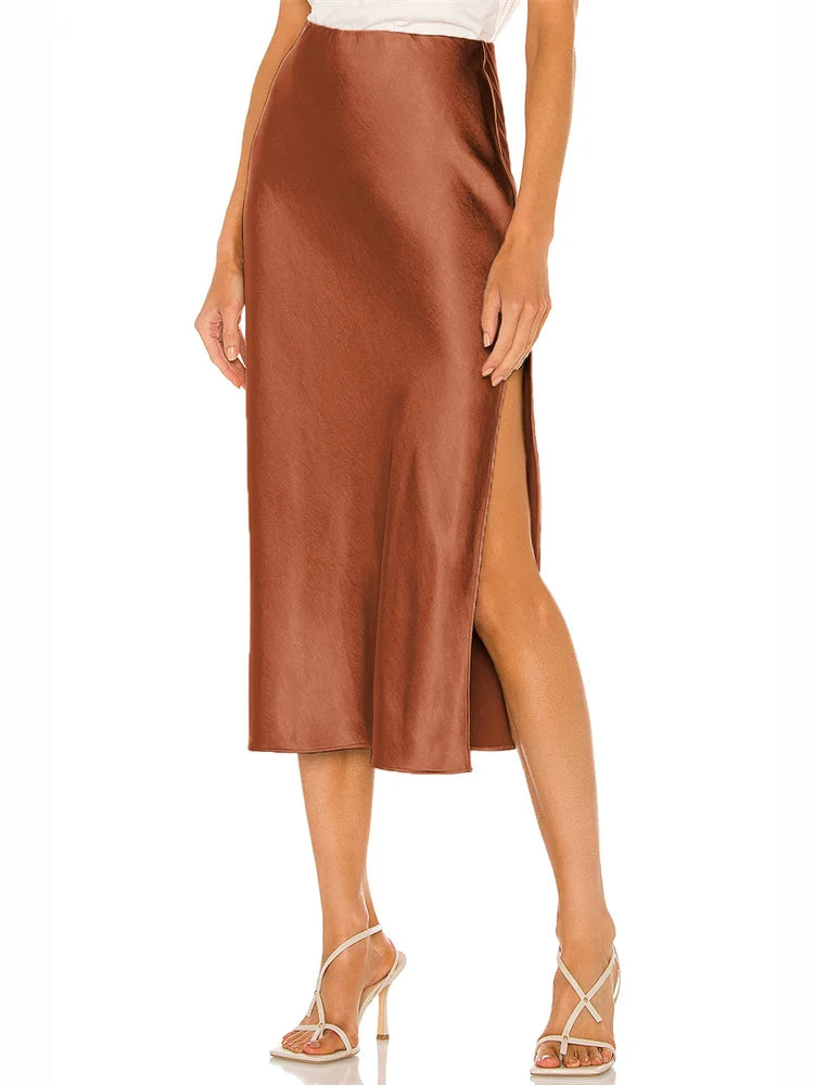 Tossy Summer High Waist Satin Midi Skirt For Women Side Split Slim Patchwork Casual Streetwear Elegant Female Fashion Midi Skirt