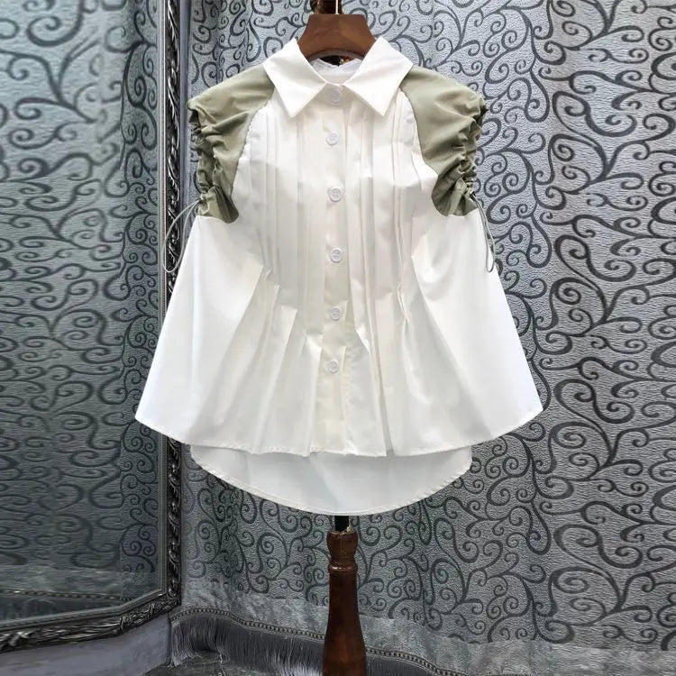 Neploe Turn Down Collar Single-breasted Blouse Pleated Drawstring Patchwork Shirts Korean 2025 Fashion Loose Casual Blusas