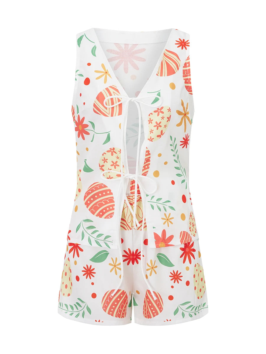 Women Sun Palm Trees Graphic Print 2 Piece Vest Set Y2K V Neck Tie Front Vest and Shorts Set Summer Sleeveless Lounge Outfits