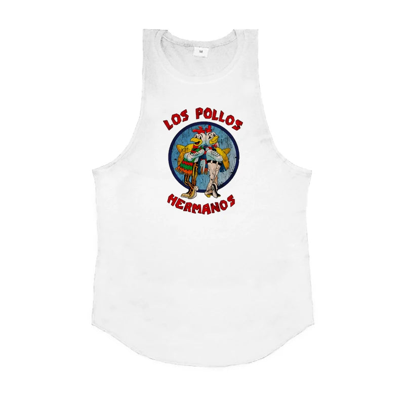LOS POLLOS Hermanos Funny Printed Gym Clothing Mens Bodybuilding Fitness Running Tank Tops Cotton Cool Sleeveless Sport Shirt