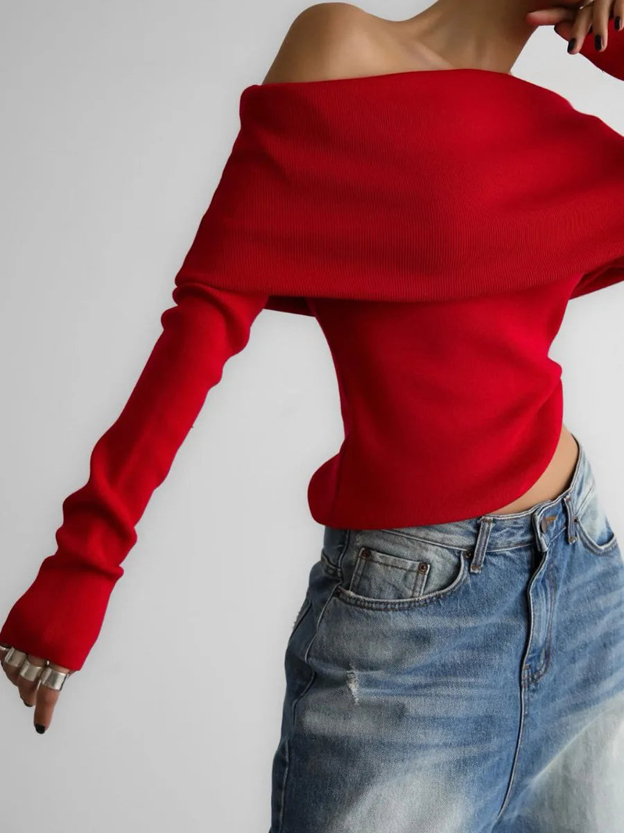 Off Shoulder Women Gray Sweater Knitwears Top Long Sleeve Pullovers Tops Outerwears Sweaters Clothing Red Black White Brown New