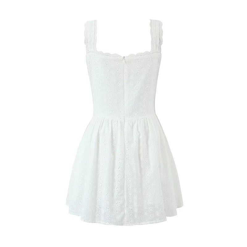 YENKYE Sexy Women Fashion Hollow Out Embroidery Sling White Dress Summer Sleeveless  Low Waist Female Party Mini Dresses