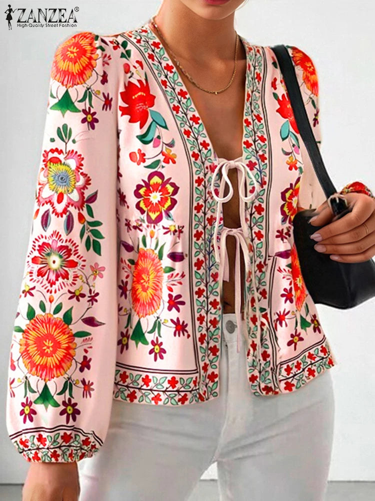 Bohemian Printed Holiday Shirt Women's Summer Blouses ZANZEA 2025 Fashion Long Sleeve Blusas Female Floral Tunic Cardigan Tops