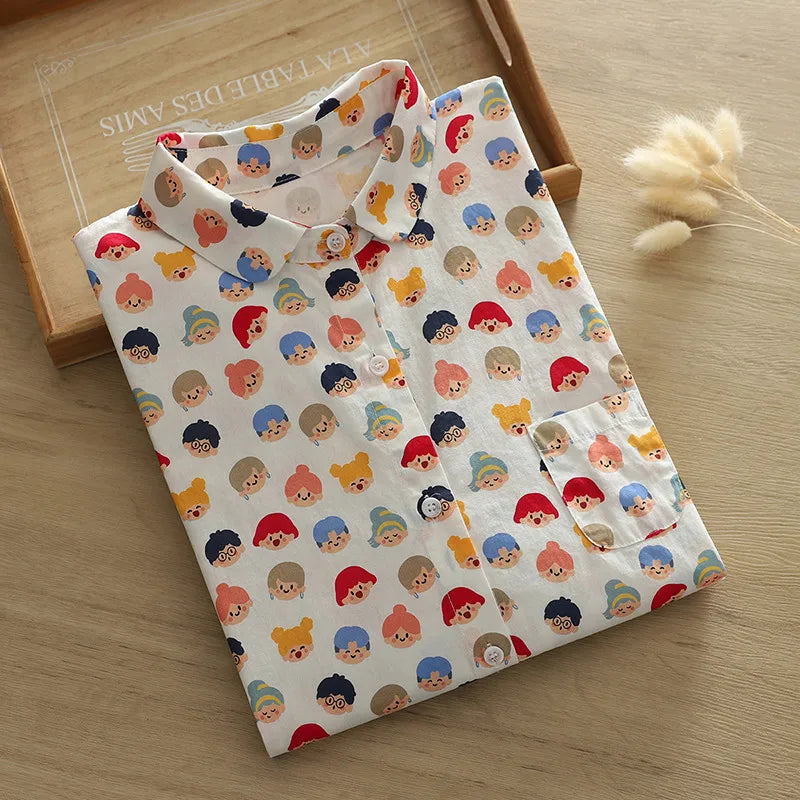 100% Cotton Shirts Women Autumn Spring Japan Style Flower Print Tops Morigirl Long Sleeve Blouses Mori Kei Clothing
