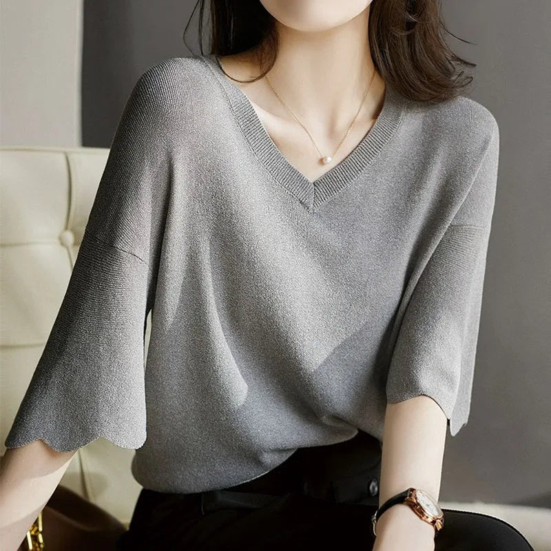 Women's Summer Knitted Shirt Petal Sleeve V-neck Solid Tops Loose Short Sleeve Ice Silk Sweater Fashion Women Shirt 14799