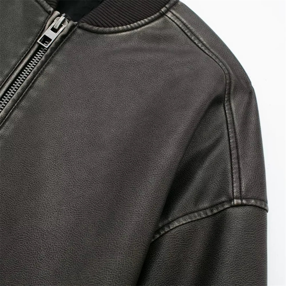 UNIZERA 2023 Autumn/Winter New Women's Wear New Fashion Casual Loose Retro Faux Leather Pilot Jacket Coat