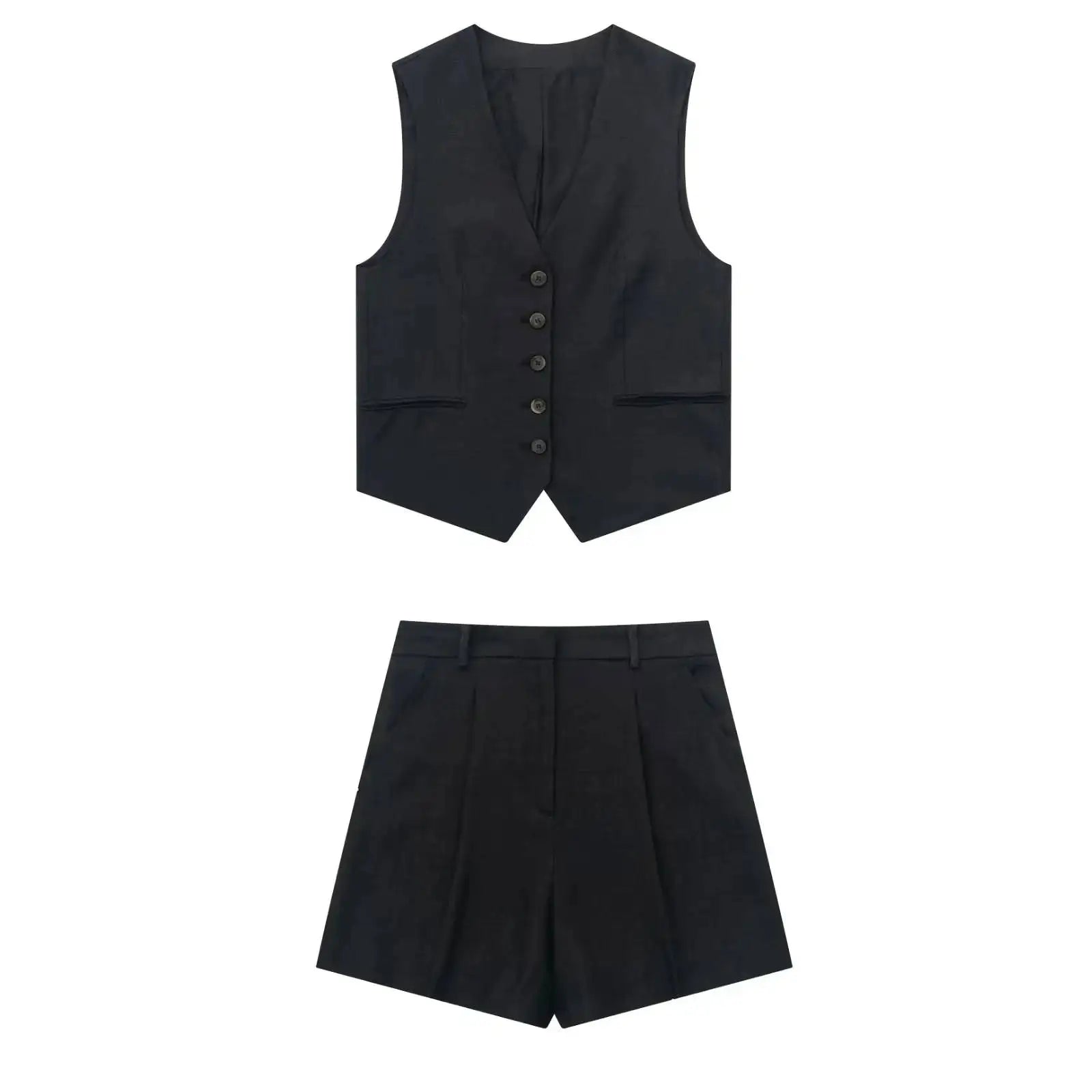 TRAFZA Women Vinatge Fashion Shorts Set Solid White Sleeveless Vest+Pockets Pants Female Two Pieces Set Street Roupa De Mujer