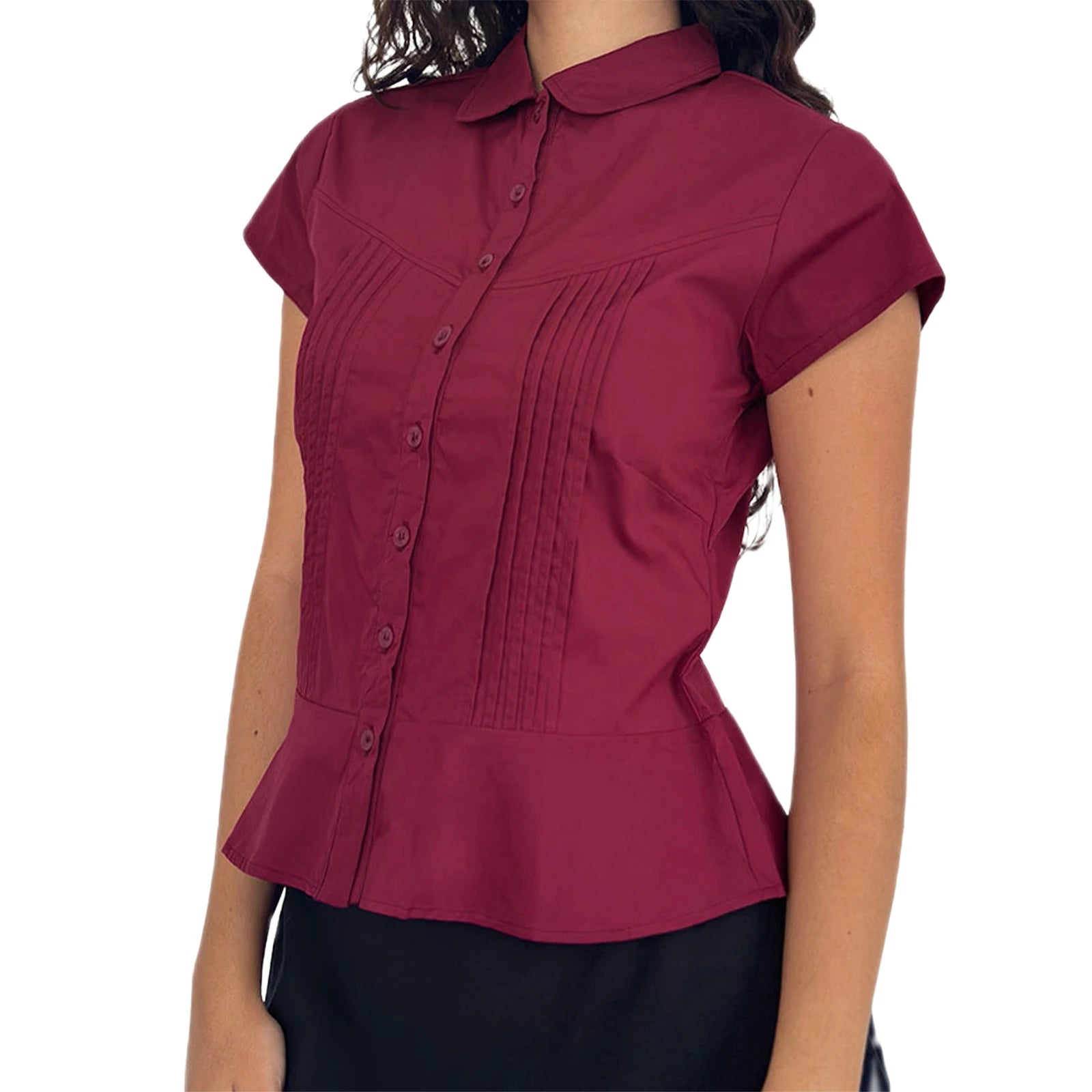 Women's Summer Slim Fit Shirt Solid Color Short Sleeve Lapel Button Down Pleated Tops Streetwear
