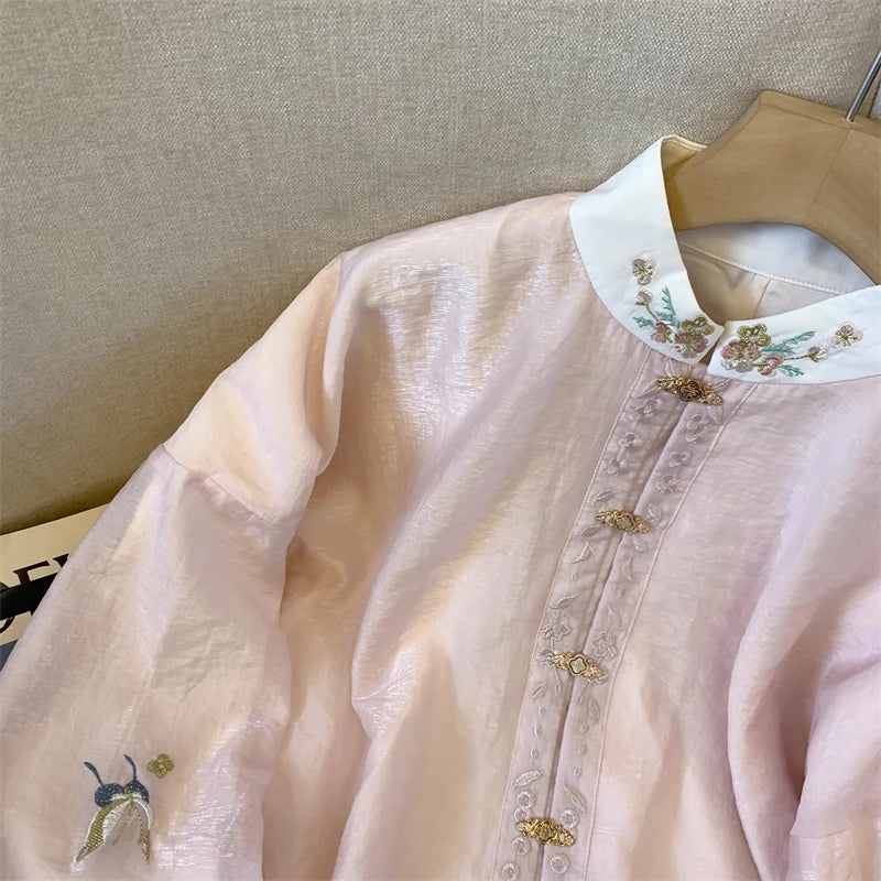 Chiffon Women's Shirts Chinese Style Embroidery Blouses Loose Fashion Women Tops Spring/Summer Floral Vintage Clothing