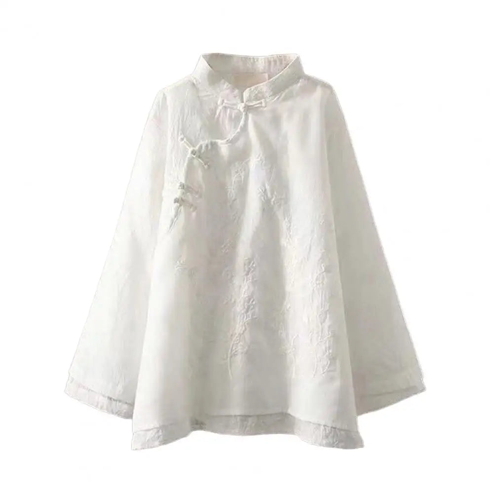 Women Spring Blouse Chinese Style Embroidered Flower Knot Button Vintage Shirt Loose Stand Collar Retro Shirt Lady Blouse Top