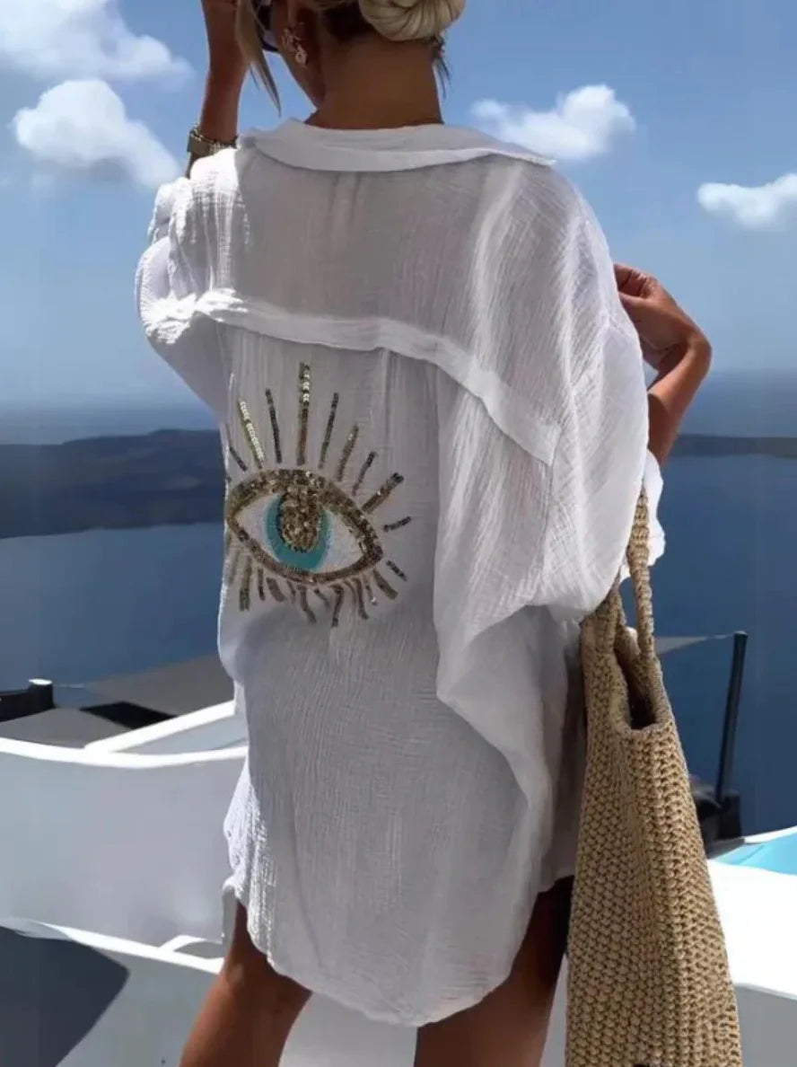 2025 Long Sleeve Loose Shirts Evil Eye Casual Sequin Beaded Shirt Spring Geometric Eye Top Turn-down Collar Button Long Blouse