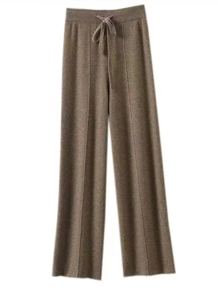 100% Pure Wool Pants Cashmere Wide Leg Trousers Women's Long Britches Knit Loose Daks Casual Pants Autumn Winter High Waist Daks