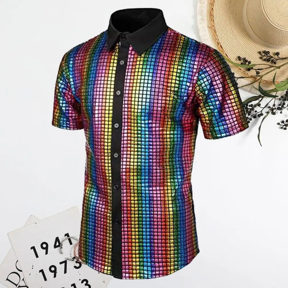 Men Club Shirt Vintage 70s Disco Men's Club Shirt with Reflective Sequins Turn-down Collar Short Sleeve Button Down for Parties