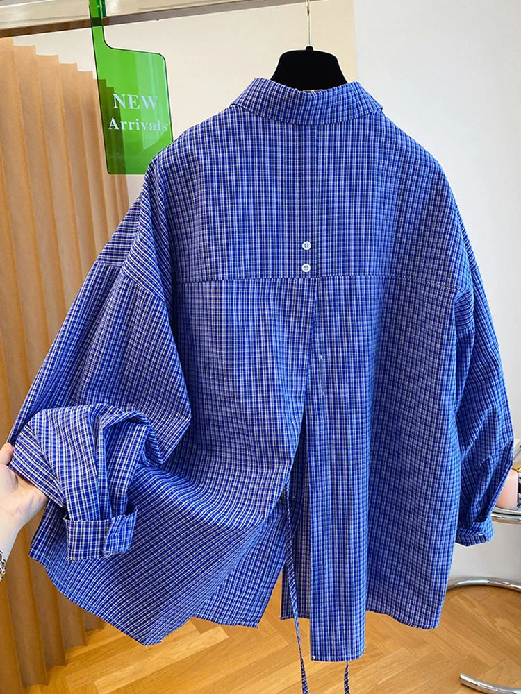 Blue Plaid Long Sleeve Loose Shirts Fashion Korean Split Bandage Blouse Women Oversized Spring Tops 2025 Casual Vintage Blouses