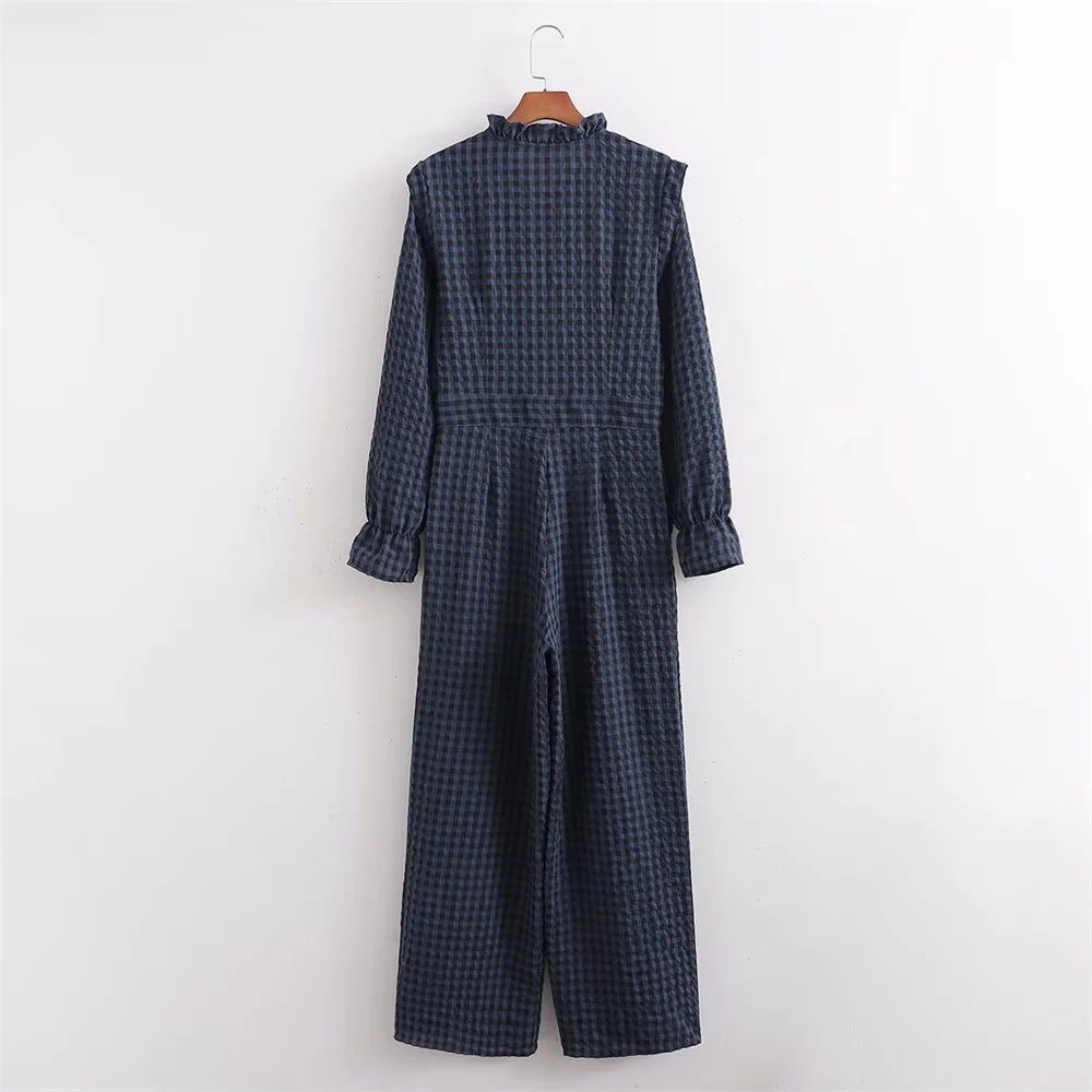 Zach Ailsa 2024 Spring New Product Women's Casual Style Slim Fit Lace Collar Decoration Long sleeved Plaid jumpsuit