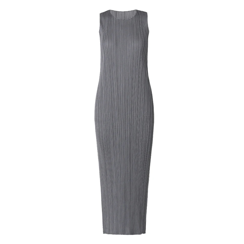 Miyake Pleated Women Dress Summer Sleeveless Long Classic Korean Fashion Casual Elegant Female Lce Water Blue Beach Dress TP5045