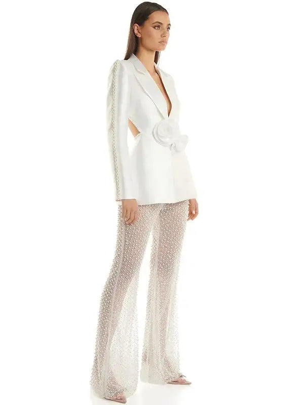 HIGH STREET Newest 2025 Designer Runway Fashion Women's Hollow Out Flowers Appliques Pearls Beaded Blazer Gauze Pants