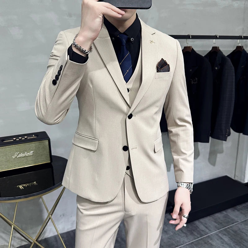 ( Blazer + Vest + Pants ) Boutique Fashion Solid Color Men's Slim Casual Business Suit Three-piece Set Groom Wedding Dress Party