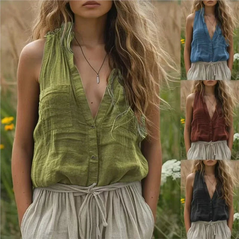 Elegant Sleeveless Women's Shirt Casual Loose Cotton And Linen Solid Color V-neck Vest Tops Fashion Pocket Button Up Blouse