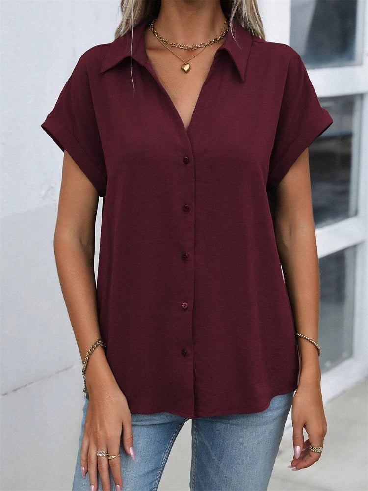 2025 Spring And Autumn New Solid Color Short-sleeved Shirt Fashion Loose Temperament Shirt Folding Blouse Ms. Home Rest Shirt