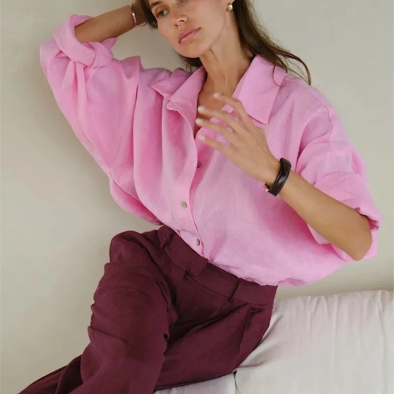 Women's Linen White Shirt Long Sleeve Elegant Pink Loose Fashion Blouse Summer Vintage Basic Top Collar Shirt for Women