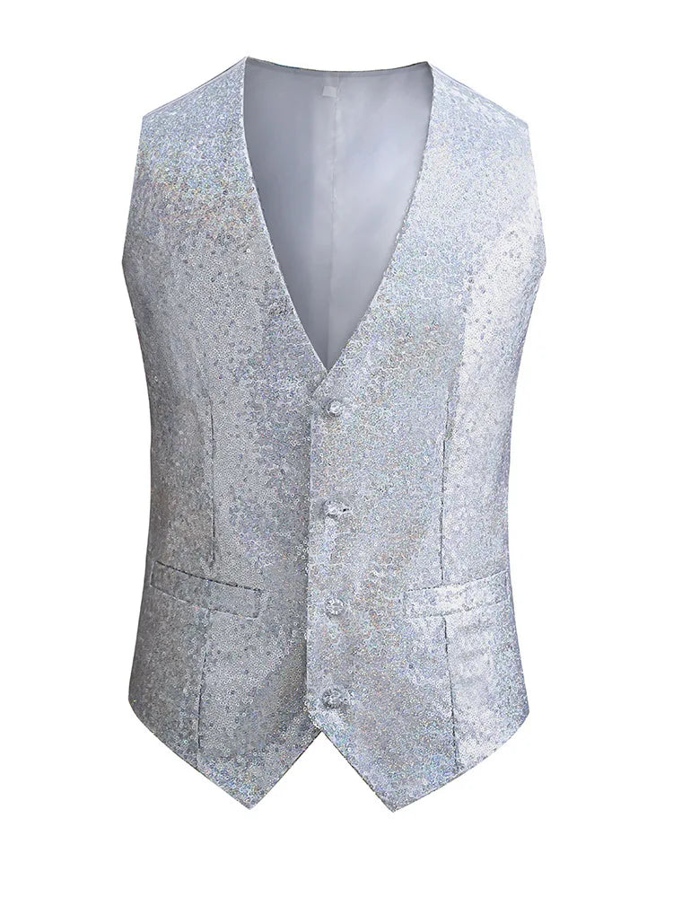 Red Shiny Sequins Single Breasted Sleeveless Vest Men's V-Neck Waistcoat Gold Black White Blue Purple Available M L XL XXL XXXL