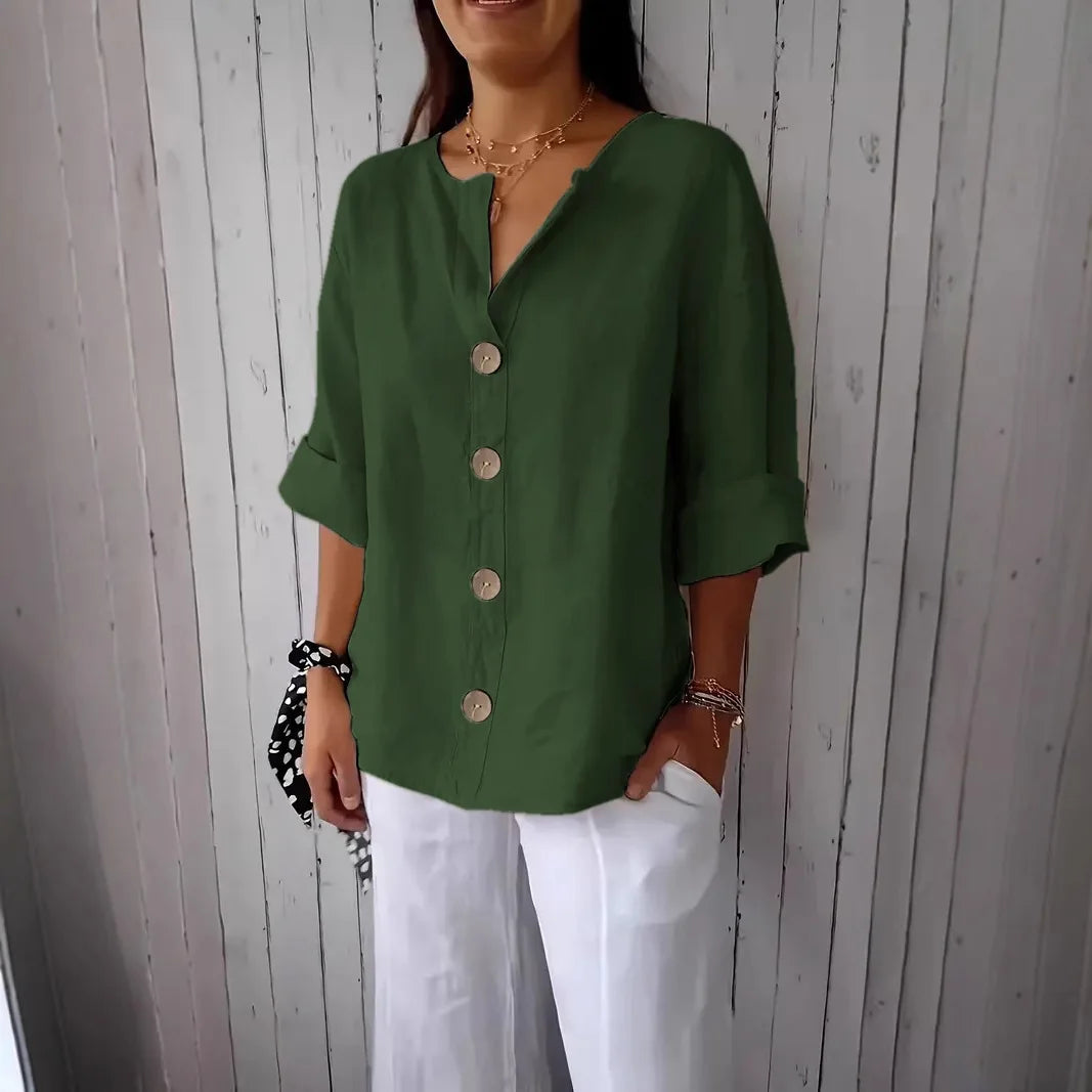 New Summer Loose Shirt Women's V-neck Cotton Linen Button Top Casual Shirts Solid Fashion Elegant Office Womens Clothing 2025
