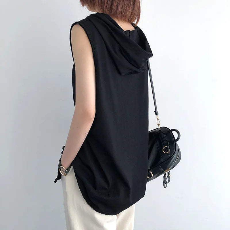 2024 Loose Tank Top Hooded Solid Round Sleeveless Head Temperament T-shirt Large Top Hot Selling in Southeast Asia