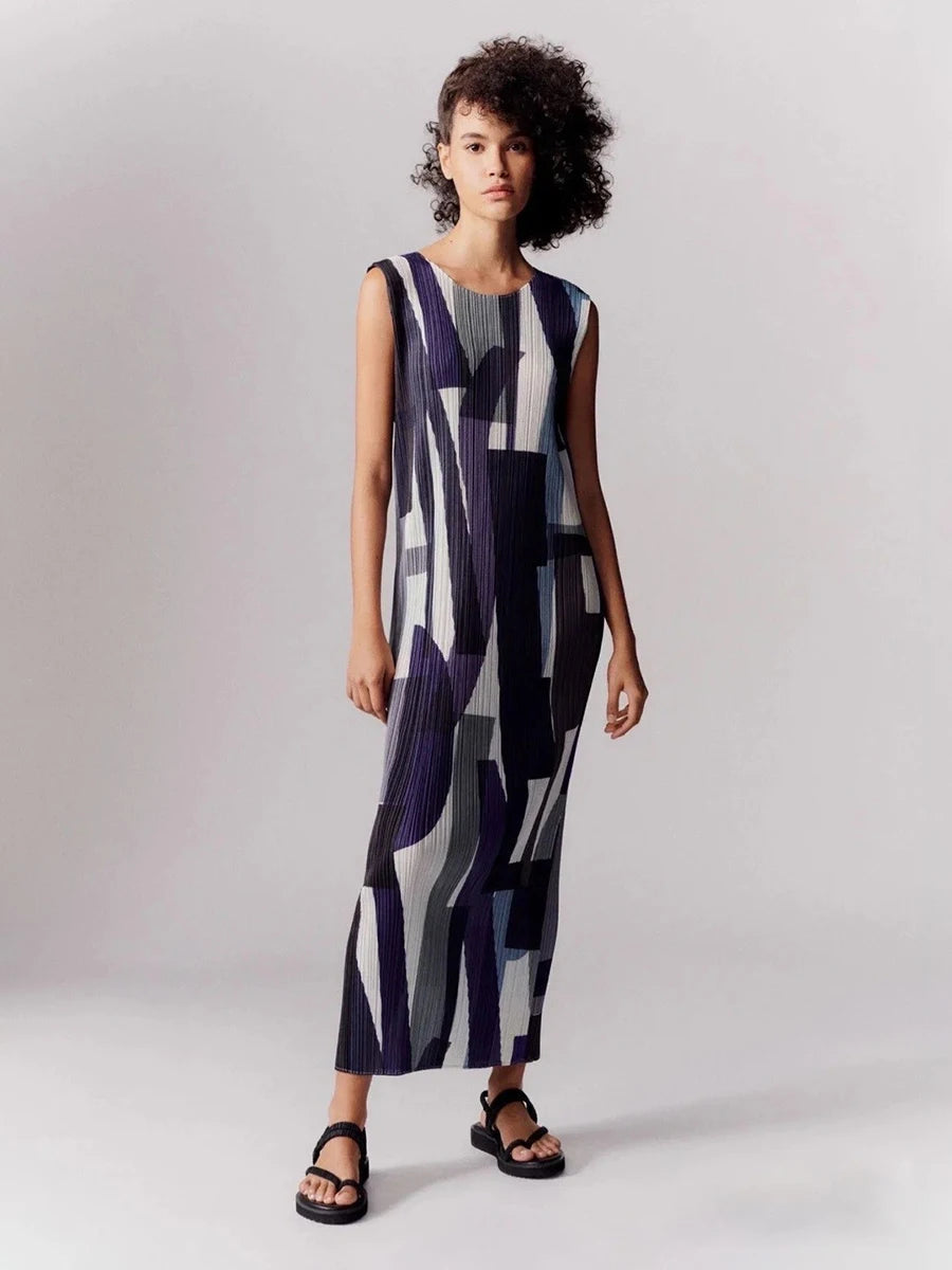 Miyake Pleated Striped Colorful Printed Sleeveless Dress